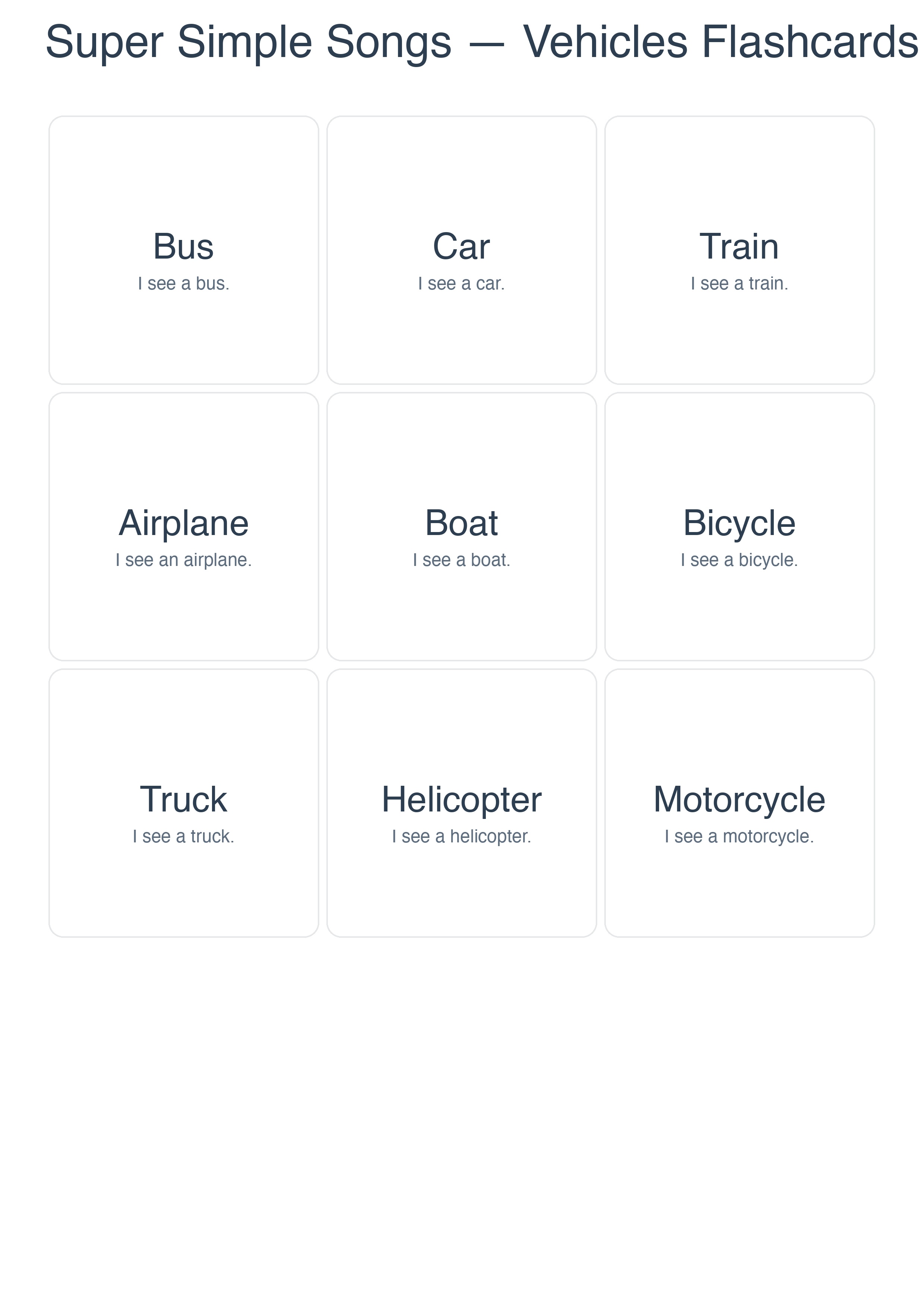 Free printable vehicle flashcards for Super Simple Songs